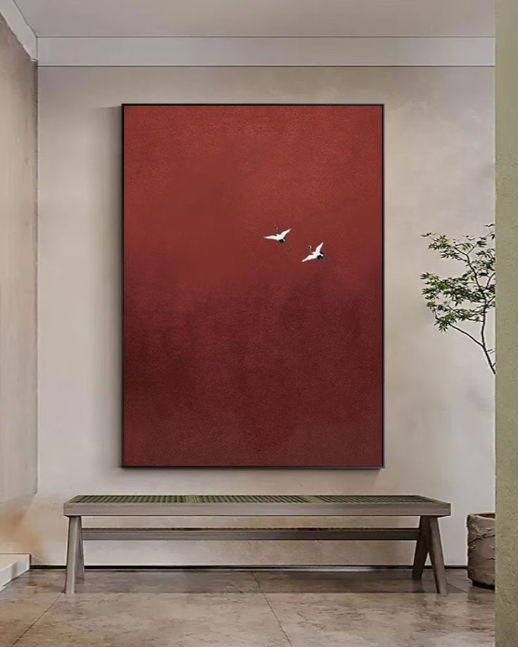 Minimalist red crane wall art
